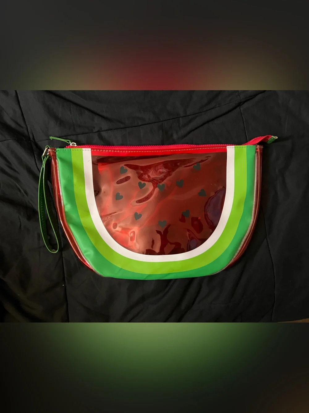 Clear Red Cosmetic Pouch with Green Stripe Accent- Watermelon